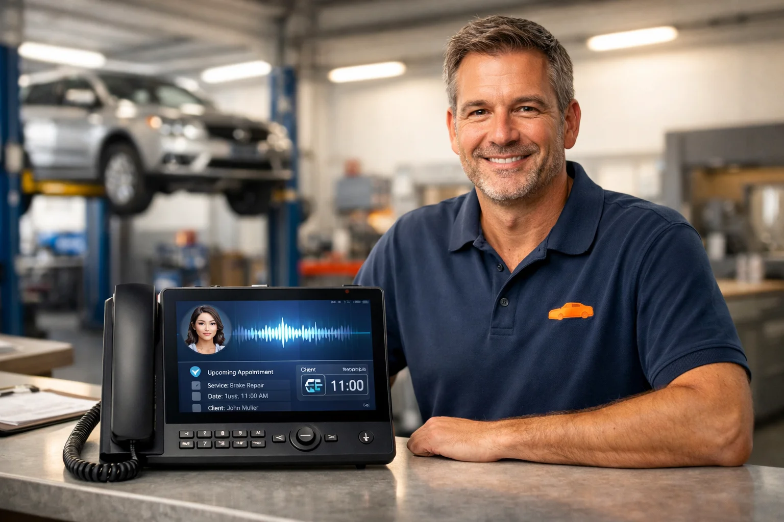 Werkstattmeister am Empfang mit KI-Telefonsystem und Terminanzeige