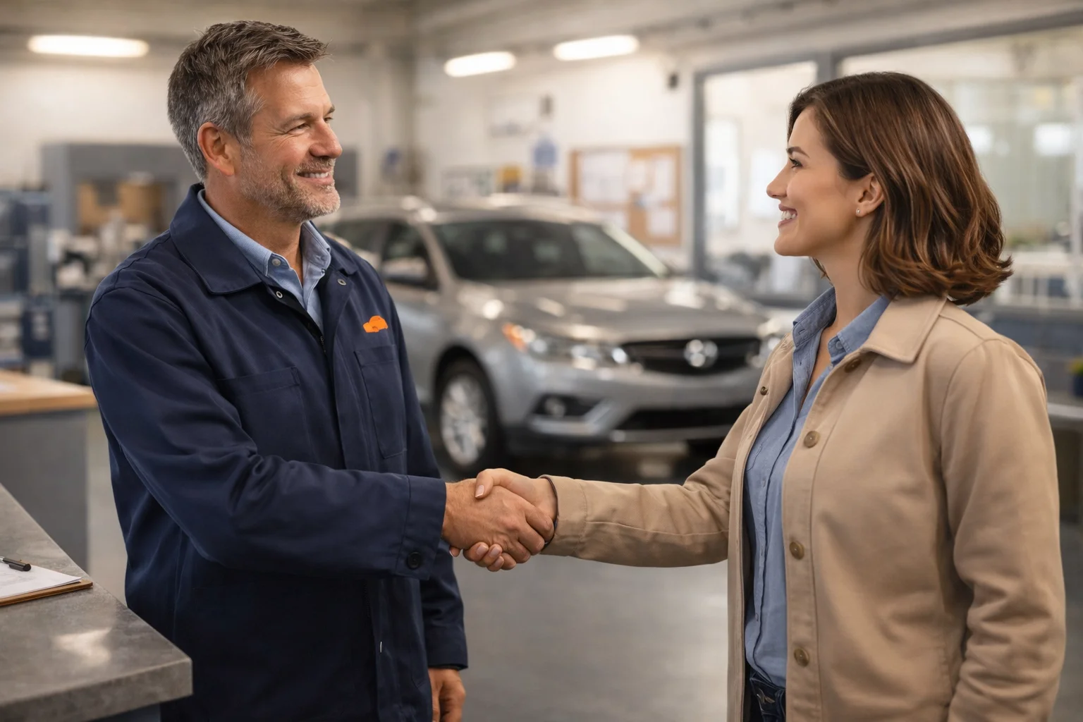 Werkstattmeister und zufriedene Kundin beim Handschlag in moderner KFZ-Werkstatt